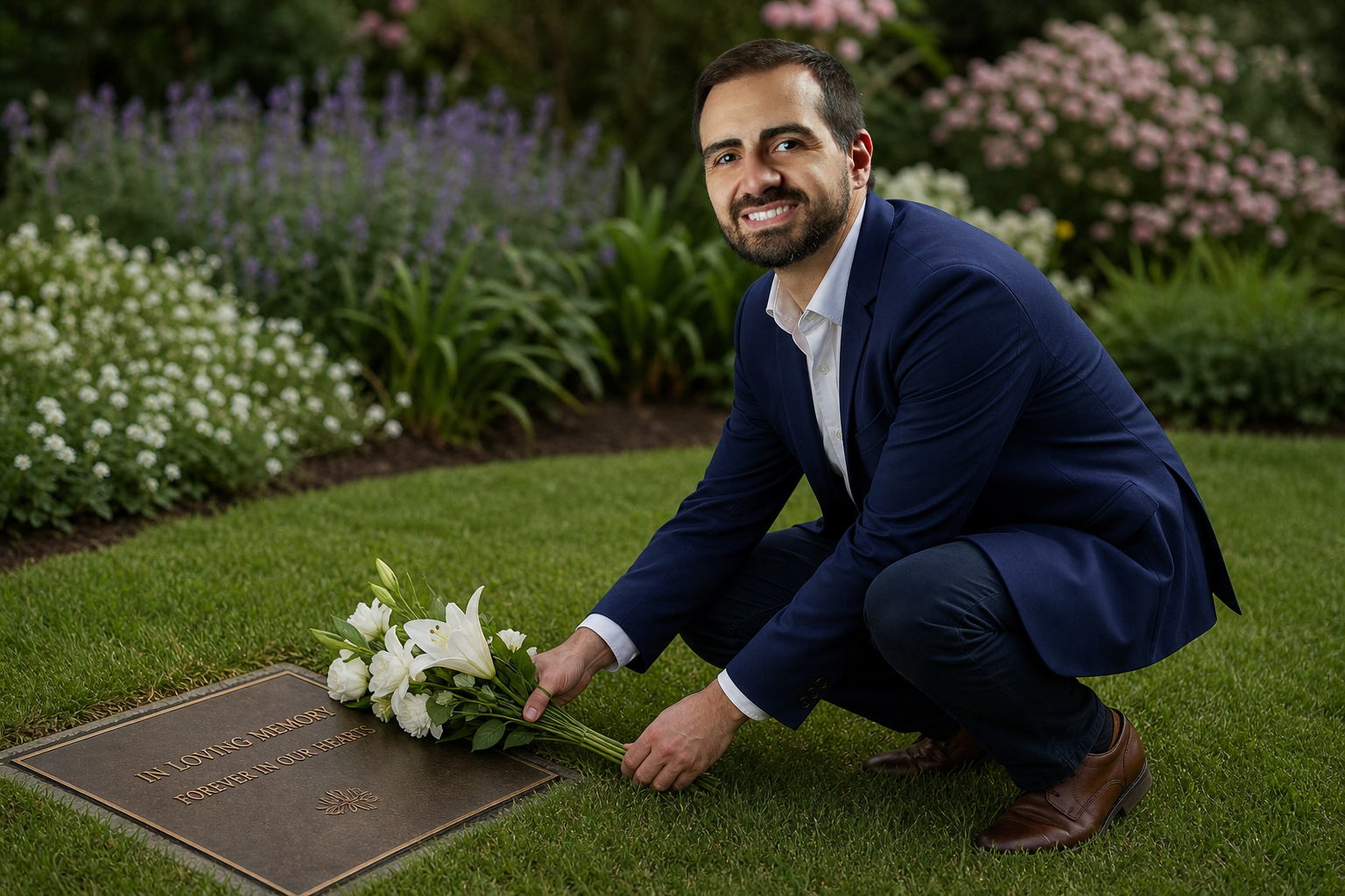 Lápide rente ao gramado com flores